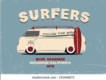 Surfer van poster design. apparel printing. vector illustration. t-shirt design