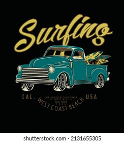 Surfer van retro styled . california surf adventure .vintage poster and t shirt print design. 