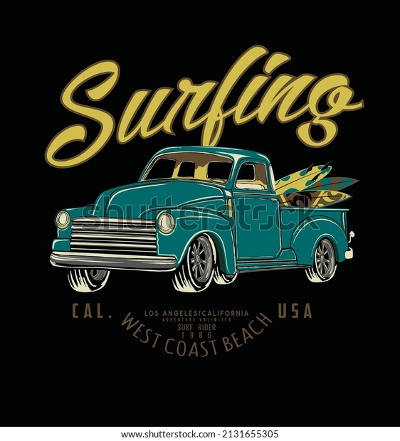 Surfer van retro styled . california\
surf adventure .vintage poster and t shirt print design.\
