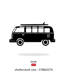 Surfer Van With Surfboard  On The Car. Hipster Vector Surf Label Isolated .