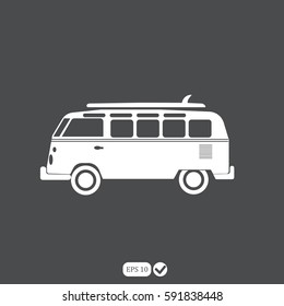 Surfer van with surfboard  on the car. Hipster vector surf label isolated .