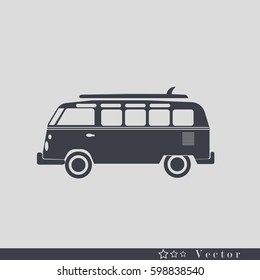 Surfer Van With Surfboard  On The Car. Hipster Vector Surf Label Isolated .