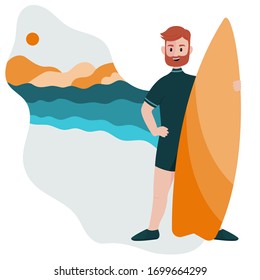 Surfer vector,  Guy Standing on the beach,man whith surfboard illustration