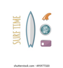 Surfer vector set. Colorful collection of surf accessorizes. Cartoon  elements. Long-board, surf-wax, fin, comb. Illustration of equipment for waves. Sport and relax idea. Modern summer lifestyle