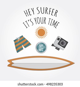 Surfer vector set. Colorful collection of surf accessorizes. Cartoon elements. Long-board, surf-wax, shorts, camera. Illustration of equipment for waves. Sport and relax idea. Modern summer lifestyle