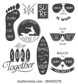 Surfer vector set. Vintage elements and labels. Grunge effect can be edited or removed. It can be used for printing on T-shirts. Vector EPS10 illustration. 