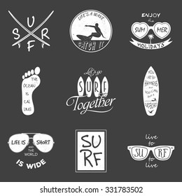 Surfer vector set. Vintage elements and labels. Grunge effect can be edited or removed. Vector EPS8 illustration. 