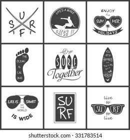 Surfer vector set. Vintage elements and labels. Grunge effect can be edited or removed. Vector EPS8 illustration. 