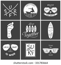 Surfer vector set. Vintage elements and labels. Grunge effect can be edited or removed. Vector EPS8 illustration. 