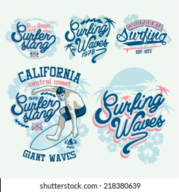 Surfer vector set, vintage surf, vector retro surf set.
