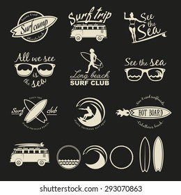 Surfer vector set. Vintage surf elements. Vector retro surfing labels, badges and design elements.