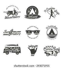 Surfer vector set. Vintage surf elements. Vector retro surfing labels, badges and design elements. 
