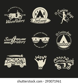 Surfer vector set. Vintage surf elements. Vector retro surfing labels, badges and design elements on the black background.