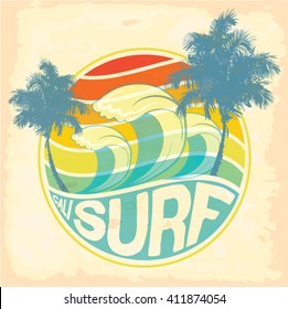 surfer vector set.vintage surf elements.Long beach surf story vector element. surf car retro vector print. palm tree. california