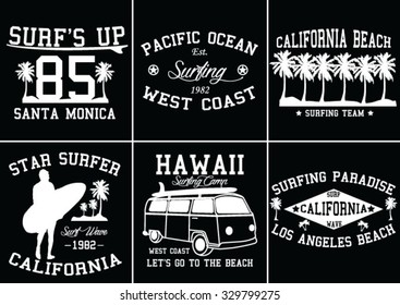 surfer vector set.vintage surf elements.vector retro surf label set.Long beach surf story vector element. surf riders. vector surf print surf world cup.surf car retro vector print.