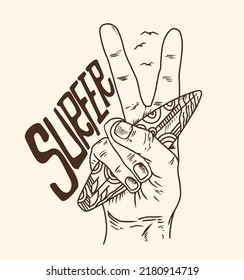 surfer victory sign surfboard.hand drawn graphic design.