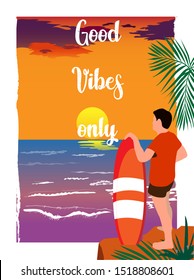 Surfer waiting for a good wave. Vector picture of the ocean at sunset