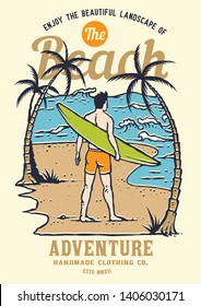 Surfer waiting for the wave on the summer palm beach island vector illustration