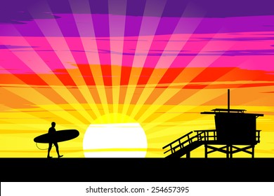 Surfer Walking into the Sunset on Venice Beach, Los Angeles, California. EPS10 Vector