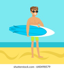 Surfer walking on the beach with surfboard colorful
