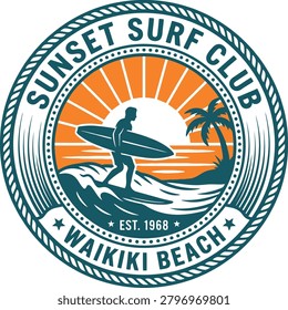 Surfer Walking on Waves at Sunset with Palm Trees in Background at Waikiki Beach