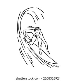 Surfer in wave brush ink sketch handdrawn serigraphy print