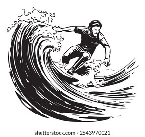 Surfer in wave brush ink sketch hand drawn vector image
