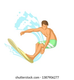  Surfer and Wave in color isolated on White Background. Flat Art Design.  