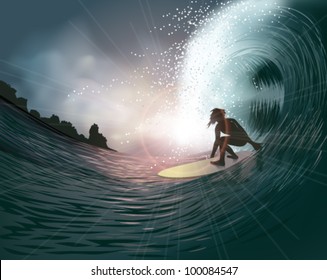 surfer and wave at sunset