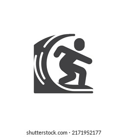 Surfer and wave vector icon. filled flat sign for mobile concept and web design. Surfer on surfboard glyph icon. Symbol, logo illustration. Vector graphics