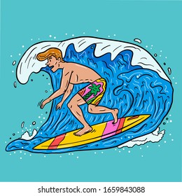 Surfen und Wellen. Vektorillustration Illustration. Extremsport und aktives Lifestyle-Konzept