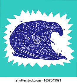 Surfista Y Onda. Ilustración vectorial. Concepto de deporte extremo y estilo de vida activo