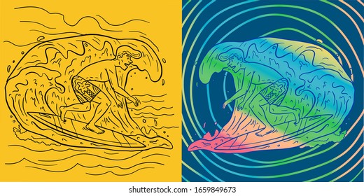 Surfer And Wave. Vector Illustration. Extreme sport and active lifestyle concept