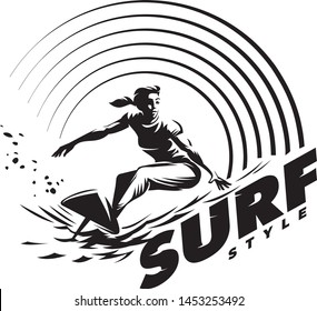 Surfer and Wave. Women's surfing emblem. Black and white round composition on the topic beach