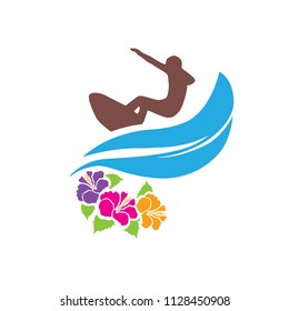 surfer, waves  and colorful hibiscus flowers, logo icon