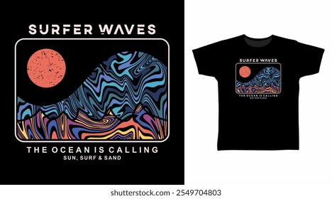 Surfer Waves with Line Art Hand Drawn vector Tshirt Design