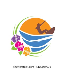 surfer , waves and sun inside colorful hibiscus flowers frame, logo icon