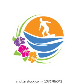 surfer , waves and sun inside colorful hibiscus flowers frame, logo icon