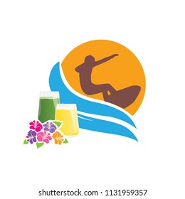surfer, waves and tropical drinks, logo icon