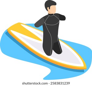 Surfer wearing wetsuit kneeling on surfboard on blue water in isometric view representing surfing, watersports, summer activity and vacation