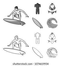 Surfer, wetsuit, bikini, surfboard. Surfing set collection icons in outline,monochrome style vector symbol stock illustration web.