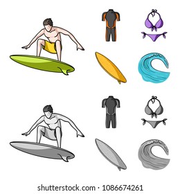 Surfer, wetsuit, bikini, surfboard. Surfing set collection icons in cartoon, monochrome style vector symbol stock illustration web.