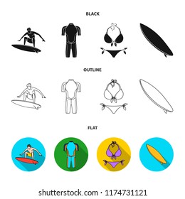 Surfer, wetsuit, bikini, surfboard. Surfing set collection icons in cartoon style vector symbol stock illustration web.