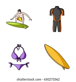 Surfer, wetsuit, bikini, surfboard. Surfing set collection icons in cartoon style vector symbol stock illustration web.