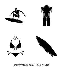 Surfer, wetsuit, bikini, surfboard. Surfing set collection icons in black style vector symbol stock illustration web.