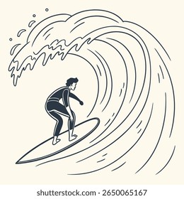 Um surfista em um wetsuit está andando em uma grande onda, representada em um estilo de ilustração monocromático e contornado.