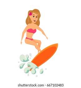 Surfer woman in bikini. Girl stand on beach holding surfboard and ride. Summer beautiful female character. Cartoon illustration isolated on white