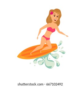 Surfer woman in bikini. Girl stand on beach holding surfboard and ride. Summer beautiful female character. Cartoon illustration isolated on white