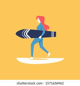 Surfer woman cartoon character carrying surfboard and sea wave flat vector illustration isolated on yellow background. Design or logo element for water extreme sport kinds.