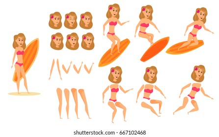 Surfer woman character animation, creation set. Girl in bikini stand on beach with surfboard and ride. Summer female vector. Parts of body for design you scene. Cartoon faces, emotions, expressions